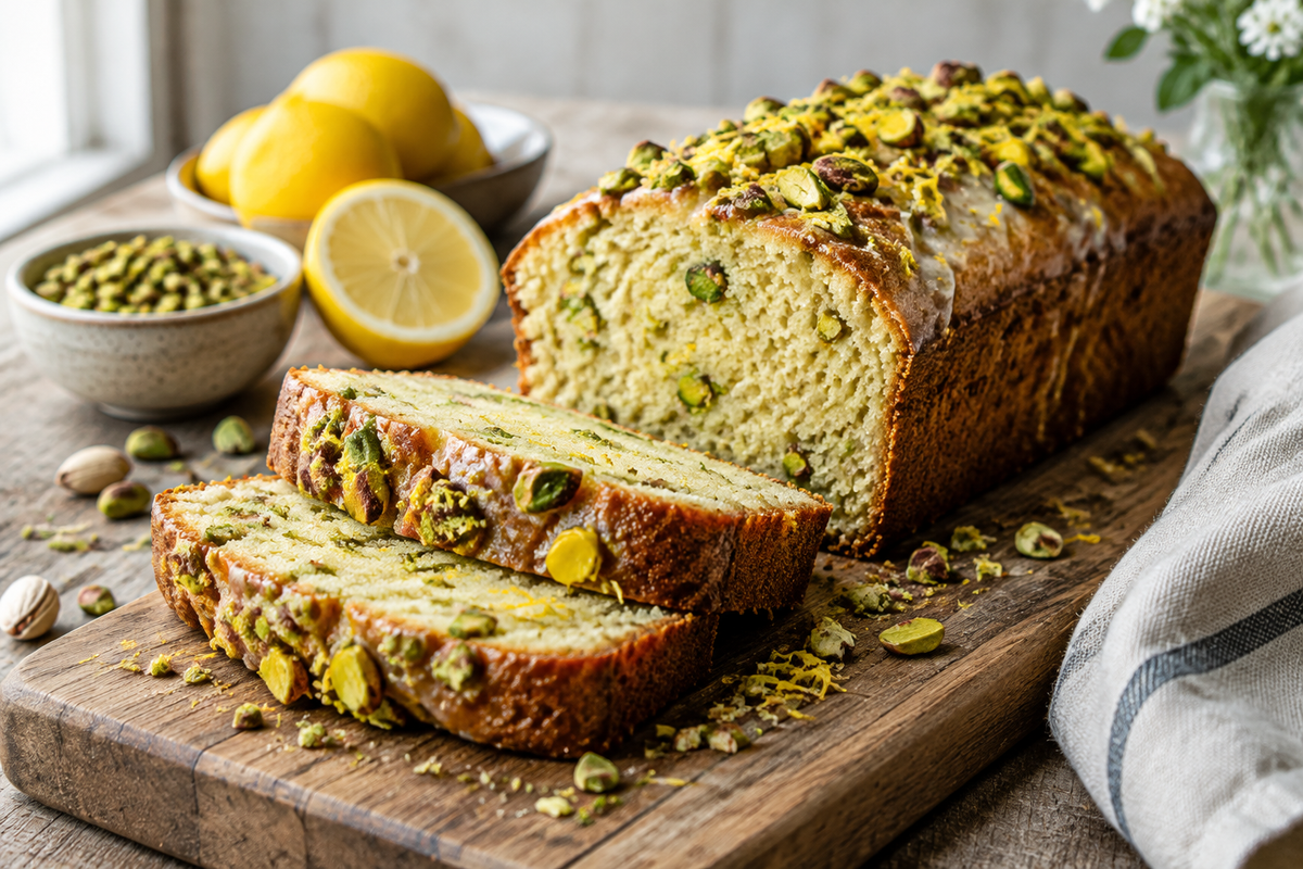 Sliced pistachio lemon breakfast bread garnished with chopped pistachios and lemon zest