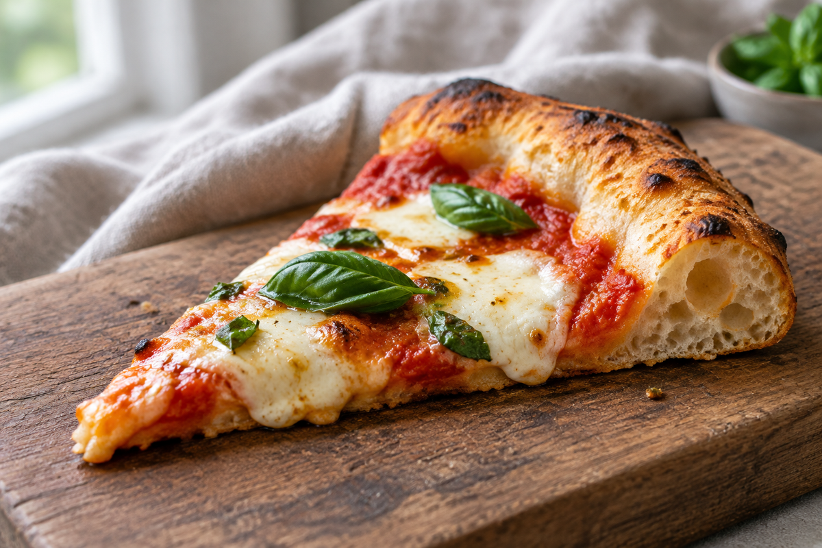 Puffy pizza slice with fluffy airy crust topped with basil and tomato sauce