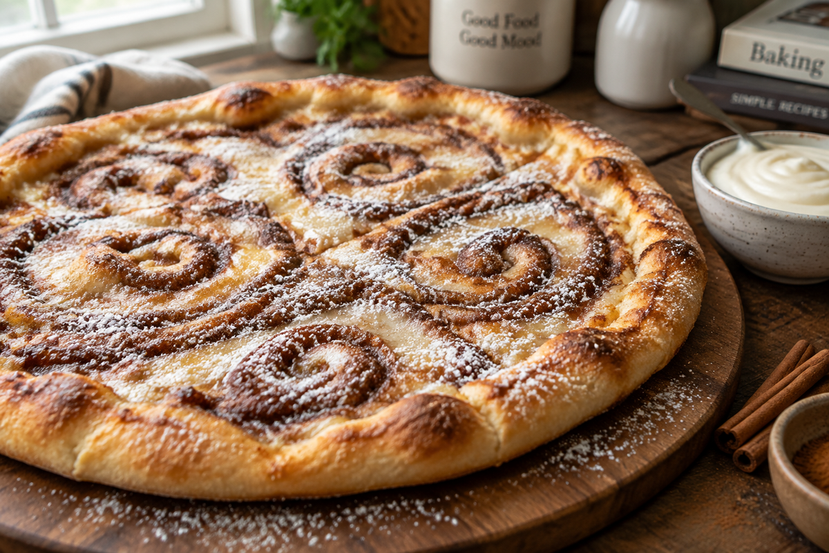Sweet cinnamon swirl pizza with golden crust and powdered sugar, showcasing the sweet cinnamon swirl pizza