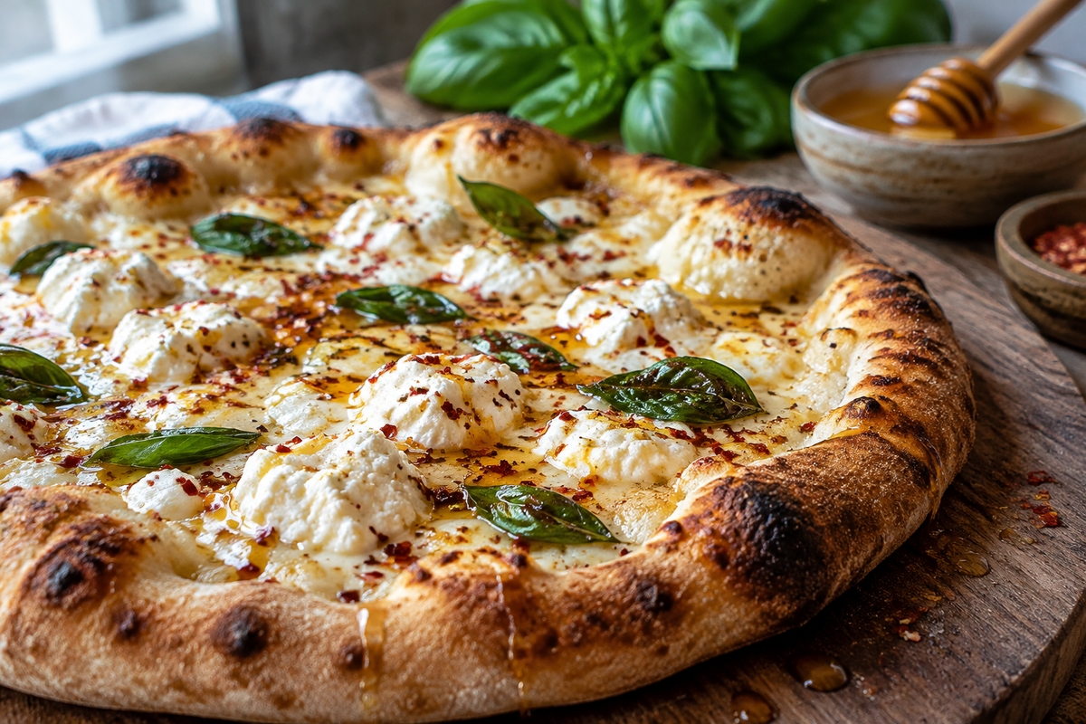 Hot honey ricotta pizza drizzled with honey and chili flakes, showcasing the creamy cheese and golden crust