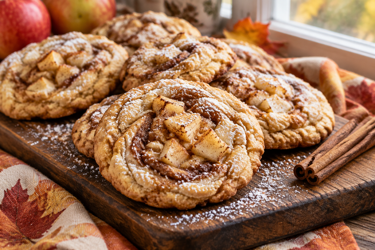 Golden brown apple pie cookies with cinnamon and apple pieces on a rustic wooden board, showcasing apple pie cookies