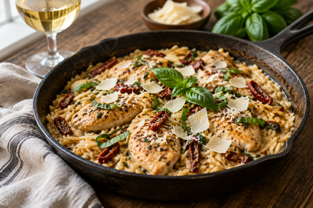 Creamy sun-dried tomato chicken orzo in a skillet garnished with fresh basil and Parmesan