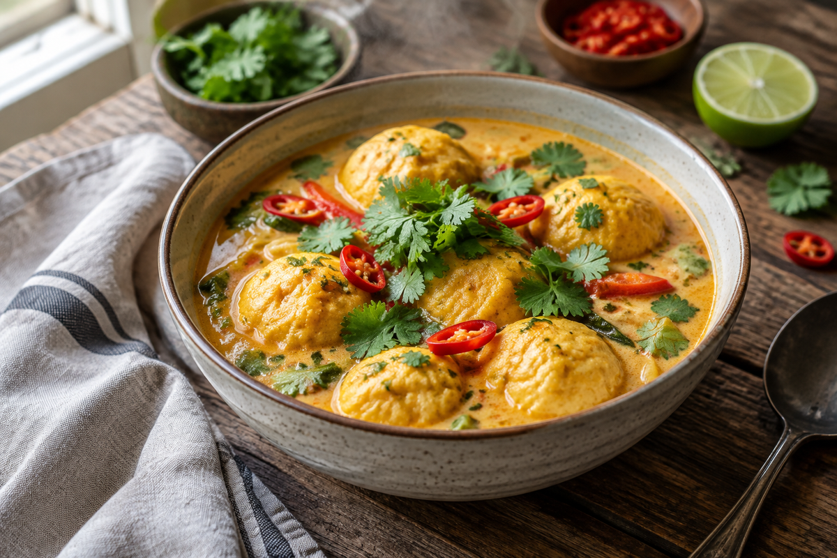 Bowl of coconut curry soup with fluffy dumplings and fresh cilantro garnish