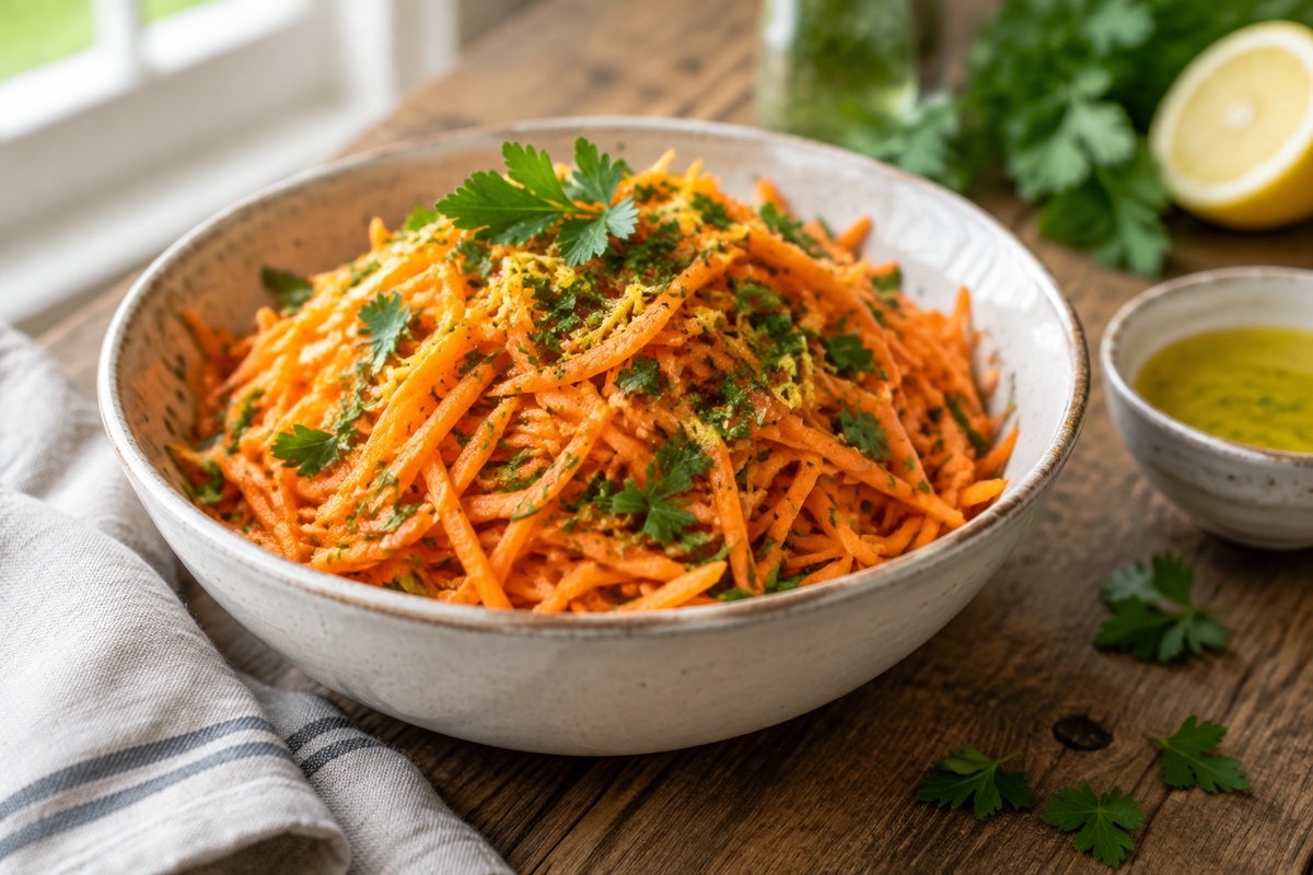 Fresh raw carrot salad with shredded carrots and herbs in a bowl, raw carrot salad served fresh
