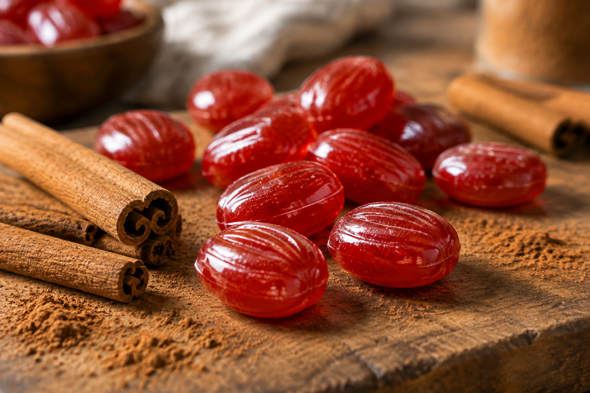 Red hot cinnamon candy pieces with cinnamon sticks, showing shiny red hot cinnamon candy