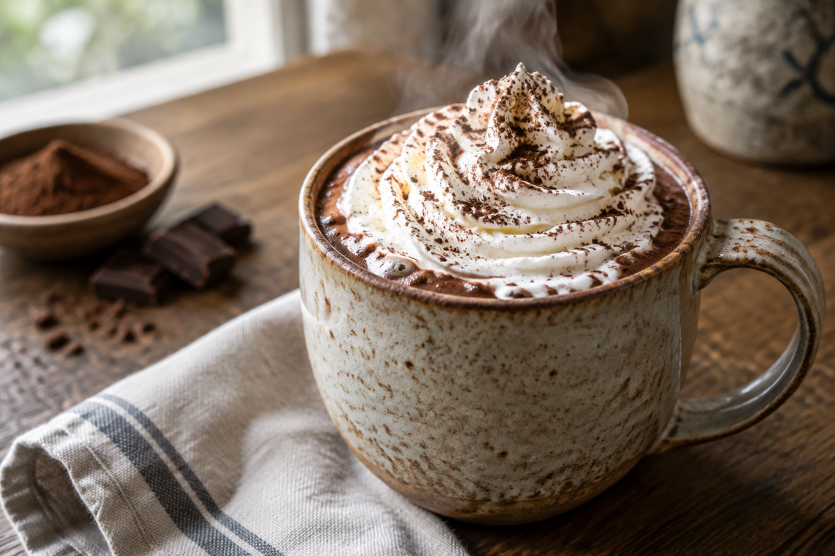 Creamy European hot chocolate topped with whipped cream and cocoa powder in a rustic mug