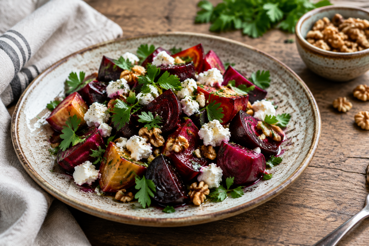 Colorful roasted beet salad garnished with goat cheese and parsley, perfect roasted beet salad side dish