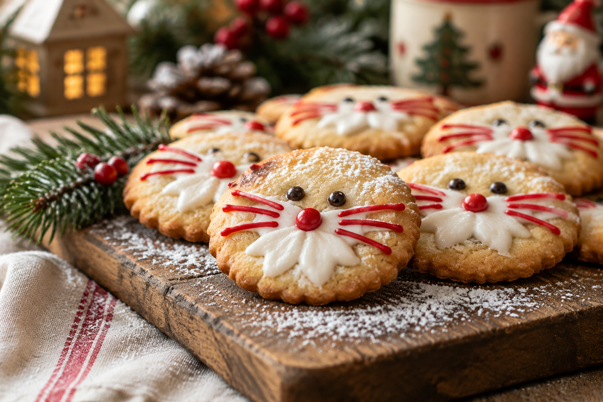 Santa’s Whiskers Cookies with red and white icing on rustic wooden board, festive holiday treat