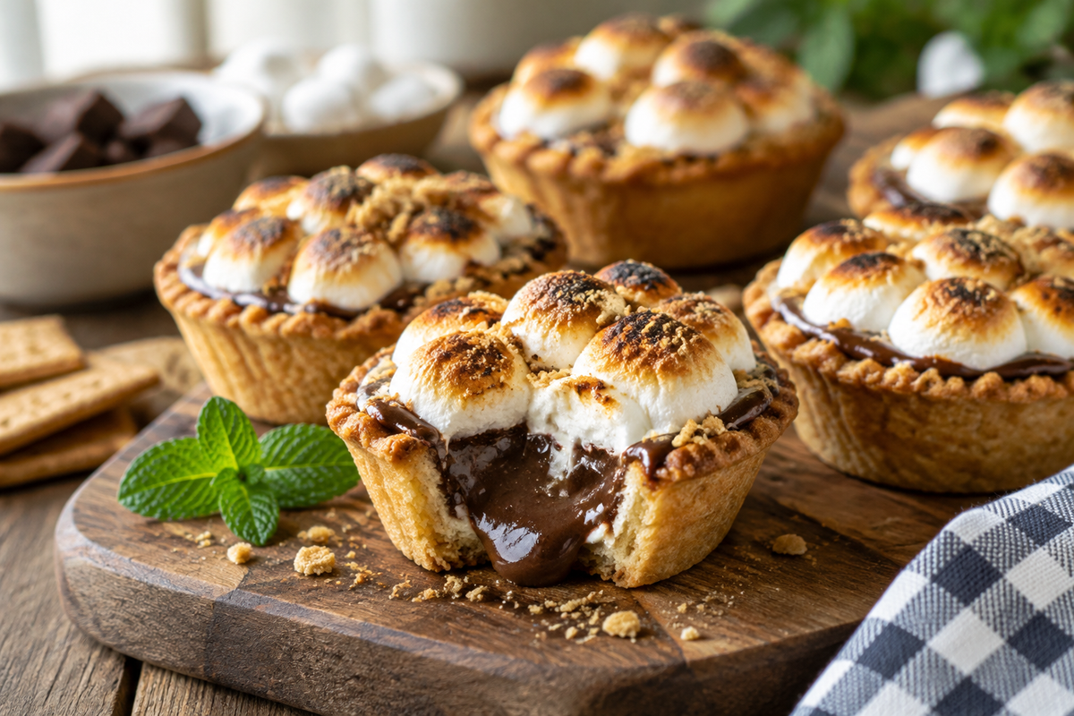 Mini s'mores pies with melted chocolate and toasted marshmallow topping, highlighted in soft natural light