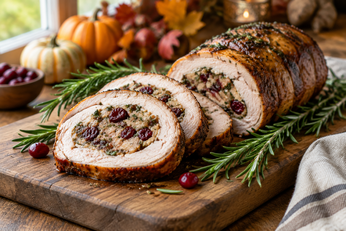 Sliced smoked turkey roulade with herb and cranberry stuffing, a flavorful centerpiece dish