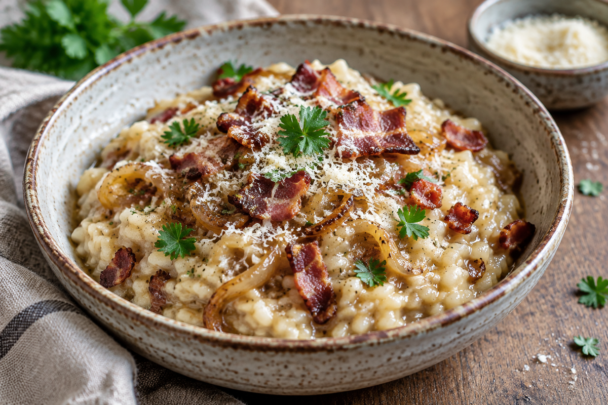 Creamy caramelized onion bacon risotto garnished with fresh parsley and parmesan, showcasing caramelized onion bacon risotto