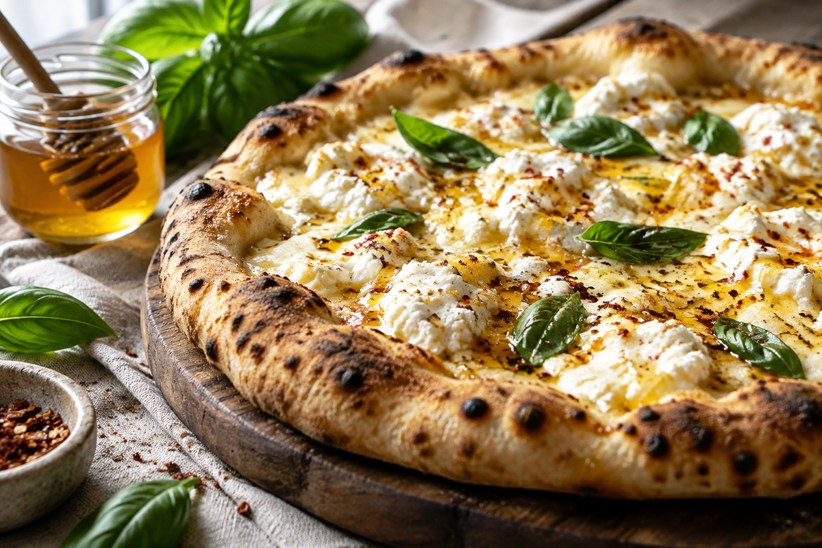 Hot honey ricotta pizza drizzled with honey and chili flakes close-up, hot honey ricotta pizza