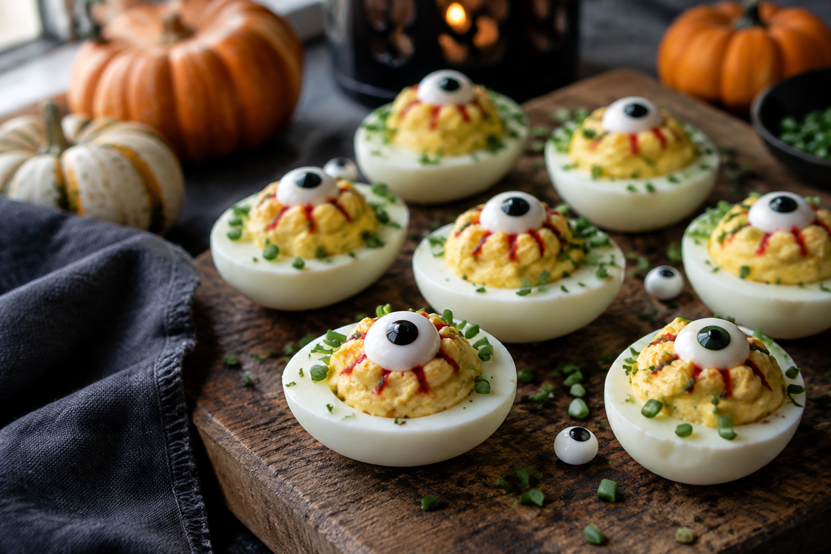 Spooky eyeball deviled eggs appetizer with olive pupils and chive garnish for Halloween