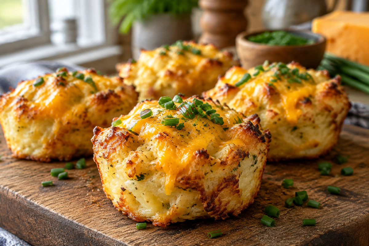 Golden potato cheddar chive bakes garnished with fresh chives and melted cheddar cheese