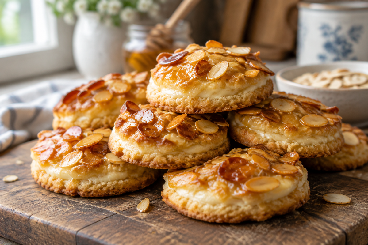 Golden bienenstich plätzchen topped with toasted almonds and honey glaze on a wooden board