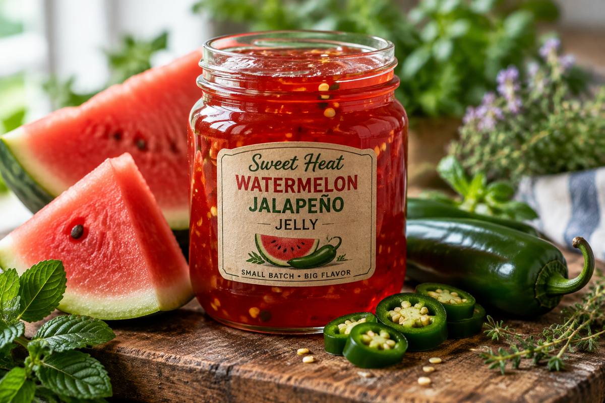Jar of sweet heat watermelon jalapeño jelly with fresh watermelon and jalapeños