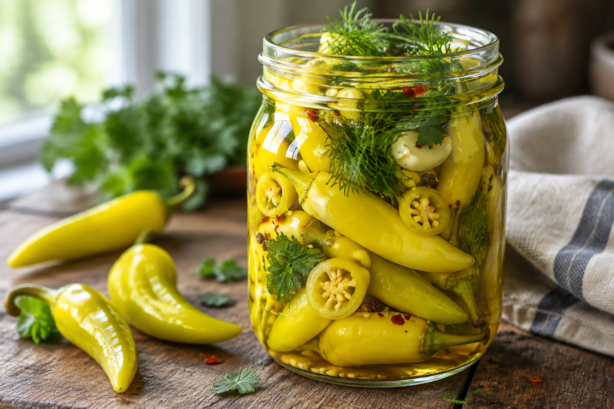 Jar of sweet and tangy pickled banana peppers with fresh herbs, showcasing bright vibrant colors