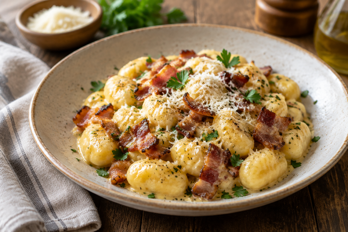 Tasty gnocchi carbonara with bacon and Parmesan served on a white plate garnished with parsley
