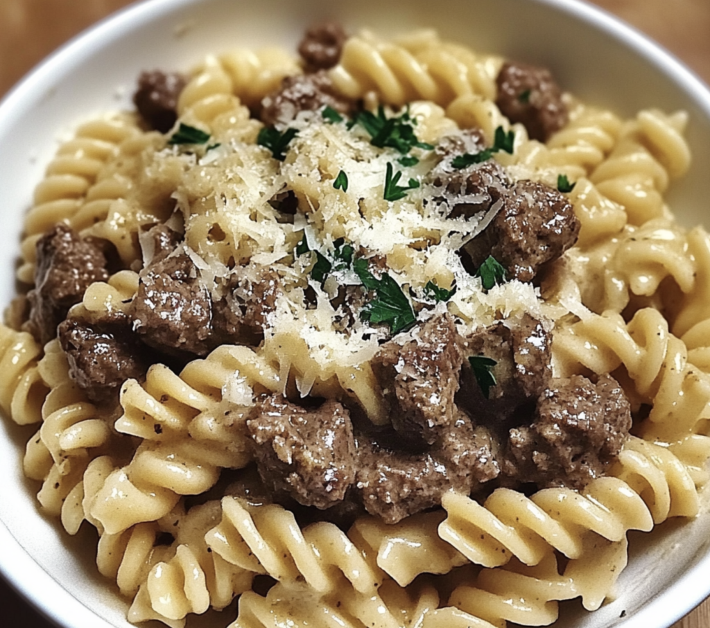 Beef and Rotini in Garlic Parmesan Sauce – Beth's Quick Bites
