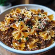 Cheesy Beef and Bowtie Pasta in Garlic Butter